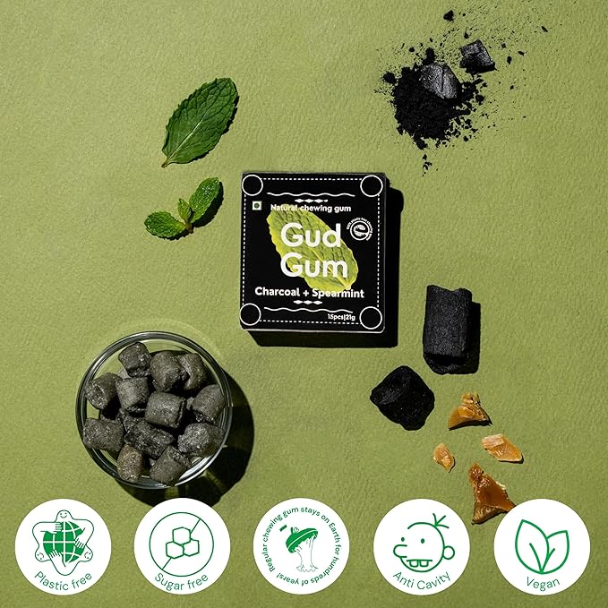 GUDGUM Natural & Sugar-Free Chewing Gum – Plastic-Free, Biodegradable, Vegan (Pack of 4, Charcoal Spearmint)
