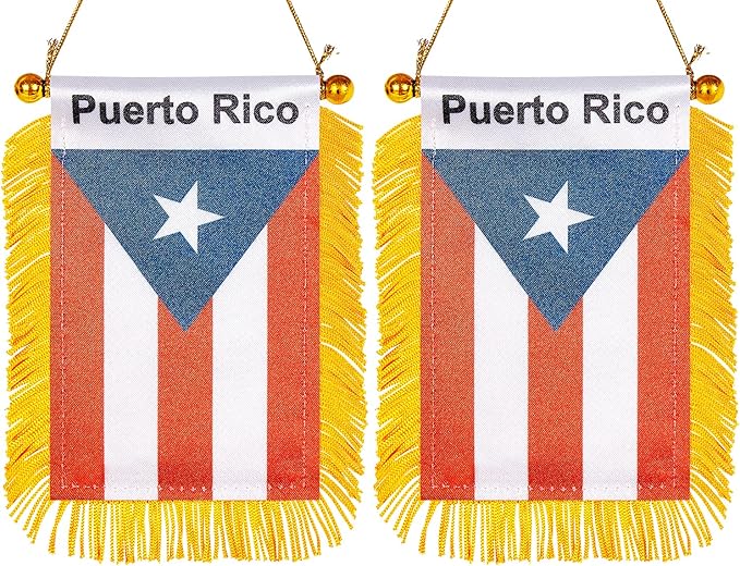 ZXvZYT 3 X 5 Inch Puerto Rico Window Hanging Flag Puerto Rican Small Mini Car Flags Banners Rearview Mirror Decoration - with Suction Cup & Golden Fringy Banner(2 Pack)