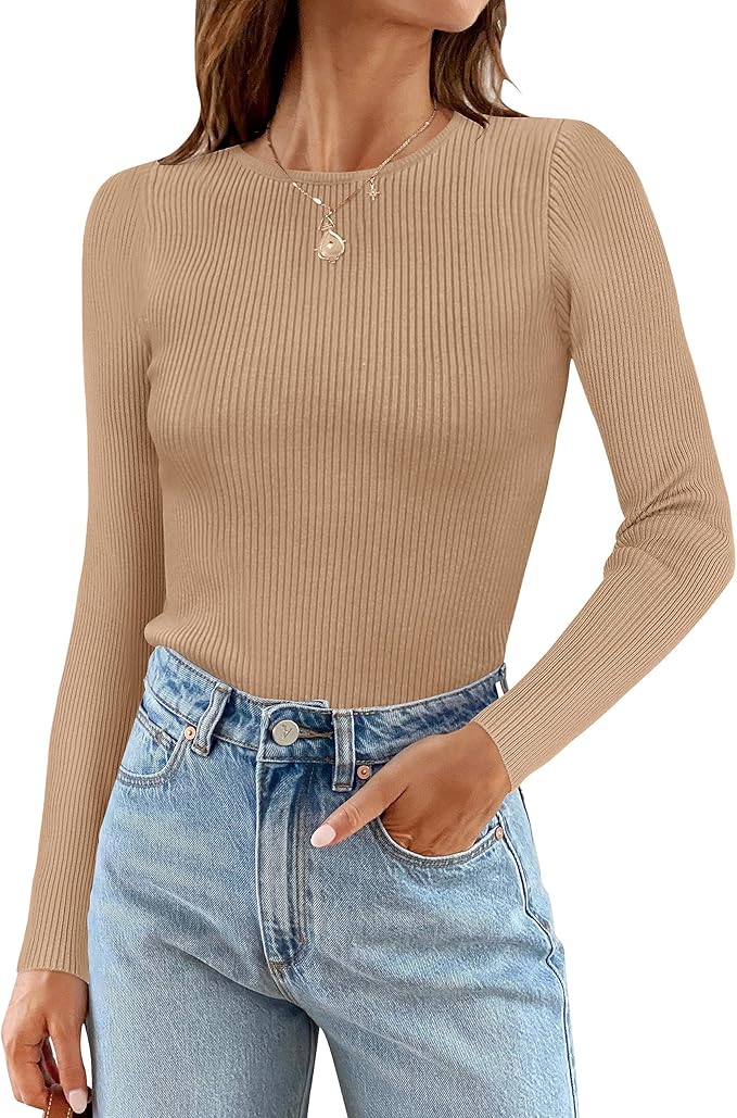 ZESICA Women's Long Sleeve Crewneck Shirts 2026 Fall Ribbed Knit Sweater Slim Fitted Casual Basic Tee Tops