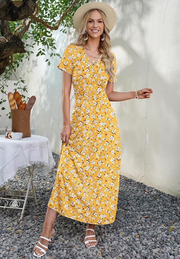AUSELILY Maxi Dresses for Women Ankle Length Floral Print Beach Long Flowy Dress with Pockets