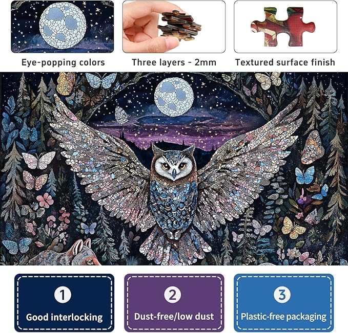 Naturelish Glow-in-The-Dark Owl Puzzles for Adults 1000 Pieces, Difficult Challenging Unique Puzzle for Adults,6 Colors on Back Jigsaw Puzzles, Size 26.6x19.2