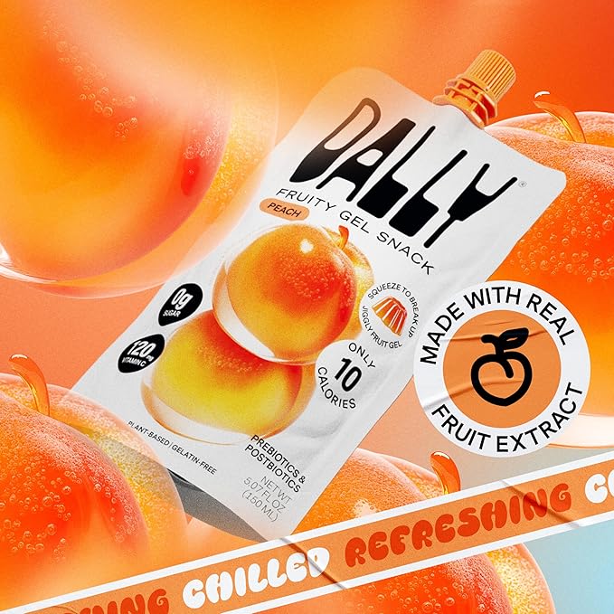 Dally Peach Drinkable Konjac Jelly (10 Pouches) – 10-Calorie, Zero Sugar Korean Fruit Snack – Prebiotics & Postbiotics for Skin, Immune & Weight Management
