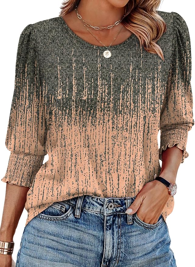XIEERDUO Blouses for Women Dressy Casual 3/4 Length Sleeve Womens Tops with Smocked Cuffs