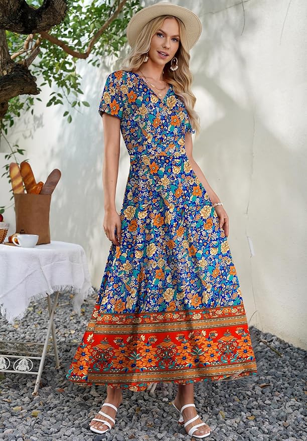AUSELILY Maxi Dresses for Women Ankle Length Floral Print Beach Long Flowy Dress with Pockets