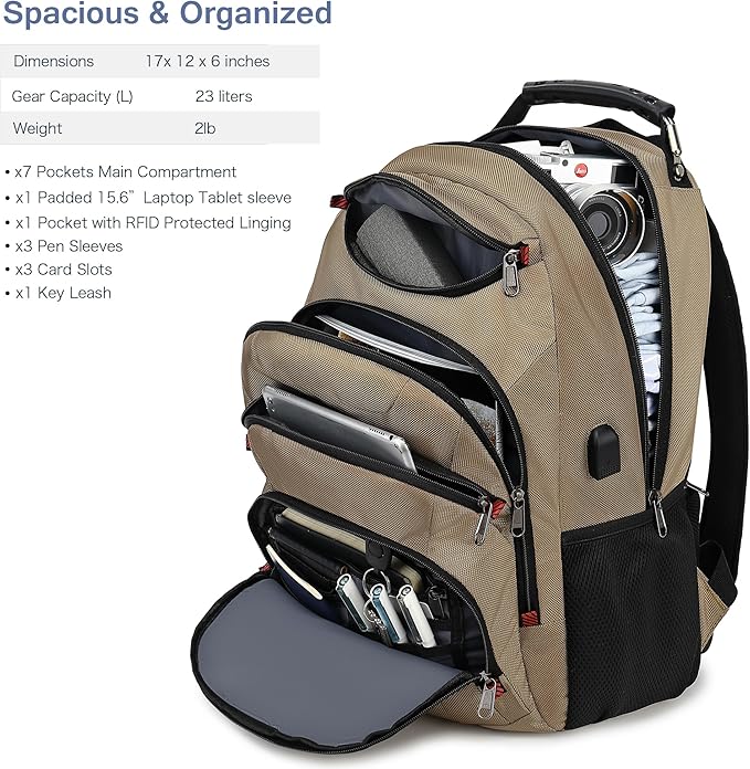 Boavan Laptop Backpack for men, 15.6 inch Laptop Bag with USB Port, Waterproof Travel Work Backpack Purse, Anti-Theft Teacher Nurse Doctor Casual Bookbags Office Business backpack，Khaki