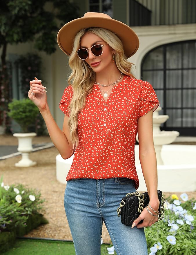 Blooming Jelly Women's Dressy Casual Tops Business Work Blouses White Button Down Shirts Cap Sleeve V Neck Tshirt