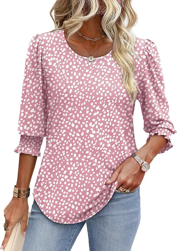 XIEERDUO Blouses for Women Dressy Casual 3/4 Length Sleeve Womens Tops with Smocked Cuffs