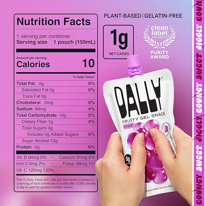 DALLY Grape Konjac Jelly Pouch (10 Pack) - Plant Based, Zero Sugar, Low-Calorie Jellified Fruit Snack - Vitamin C & Prebiotic Postbiotic Blend - Konjac Jelly Snack for Skin & Weight Management