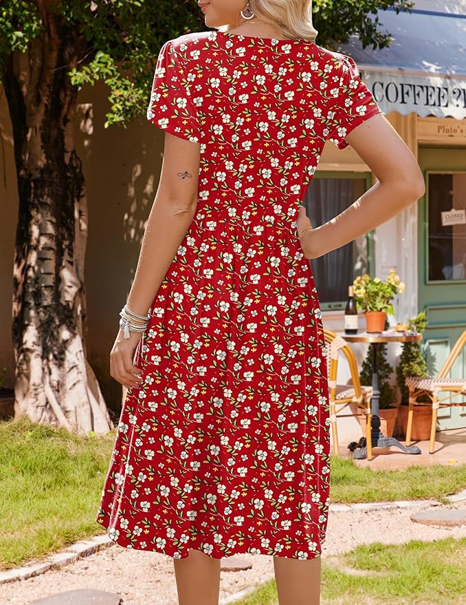 HOTOUCH Women's Summer A-Line Midi Dresses 2026 Casual Floral Short Sleeve T-Shirt Dress Flowy Beach Sundress with Pockets