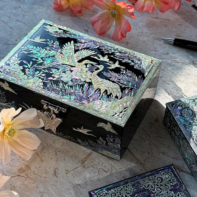 Nacreh Mother of Pearl Korea Traditional Crane Jewelry Ring Necklace Trinket Wooden chest Box - Inlay with Sea Shell Gifts for Women