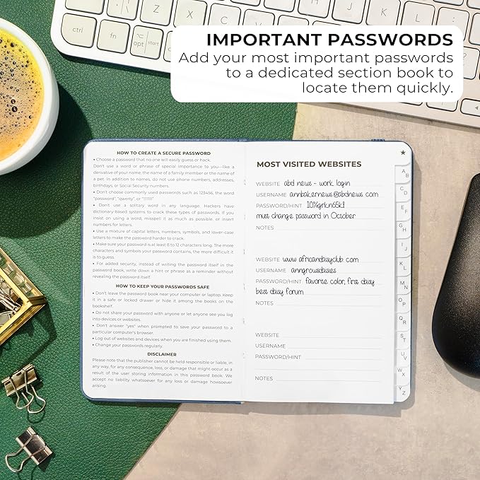 Clever Fox Password Book 2nd Edition Small – Pocket Password Keeper with Alphabetical Tabs – Internet Address Notebook & Login Details Organizer Journal – 3.5x5.6” (Smoke Blue)