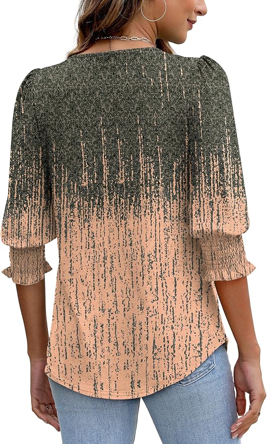XIEERDUO Blouses for Women Dressy Casual 3/4 Length Sleeve Womens Tops with Smocked Cuffs