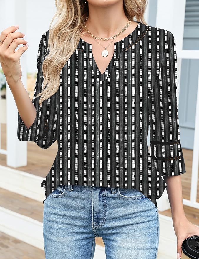 Ivicoer 3/4 Length Sleeve Womens Tops V Neck Lace Embroidered Summer Blouses Loose Fit Tunic Dressy Casual
