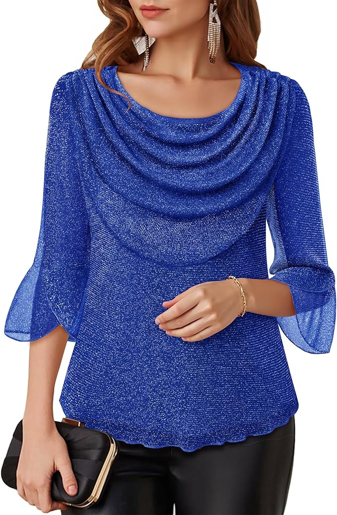 Lotusmile Blouses for Women Dressy Casual 3/4 Sleeve Cowl Neck Sparkly Tops Cocktail Shirts for Evening Party