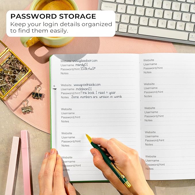 Clever Fox Password Book with alphabetical tabs. Internet Address Organizer Logbook. Large Password Keeper for Website Logins (Green)