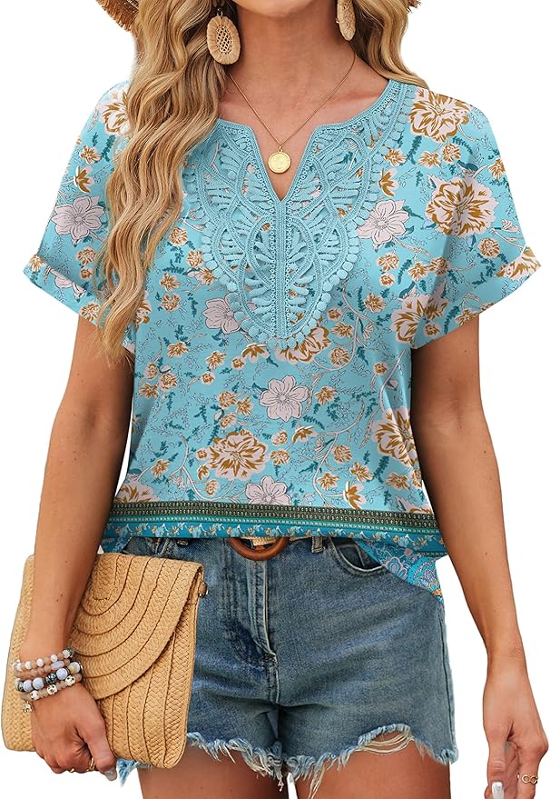 Sipaya Womens Blouses Dressy Casual Summer Shirts Short Sleeve Lace Front Boho Tunic Tops for Leggings Fashion Clothes