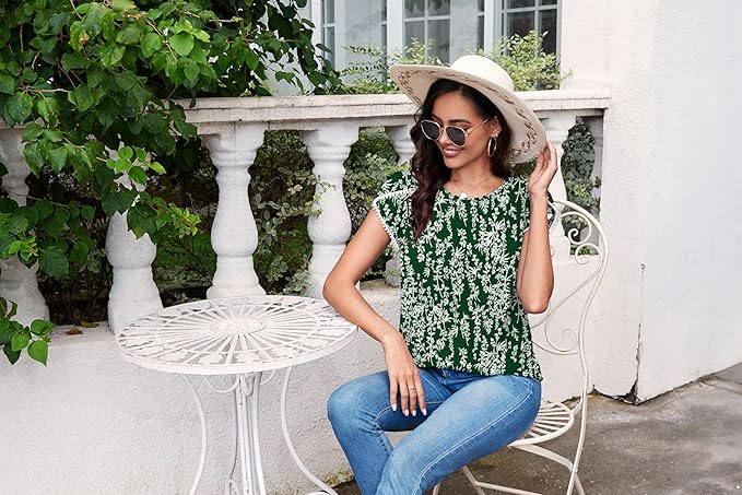 TASAMO Women's Casual Round Neck Basic Pleated Top Cap Sleeve Curved Keyhole Back Chiffon Blouse