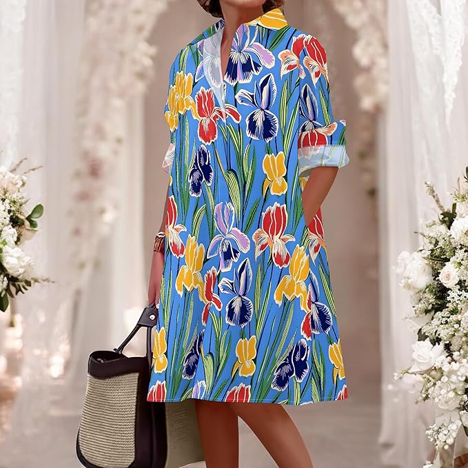 Shirt Dresses for Women 2025 Summer Long Sleeve Casual Plus Size Floral Printed Beach Vacation Dress with Pockets