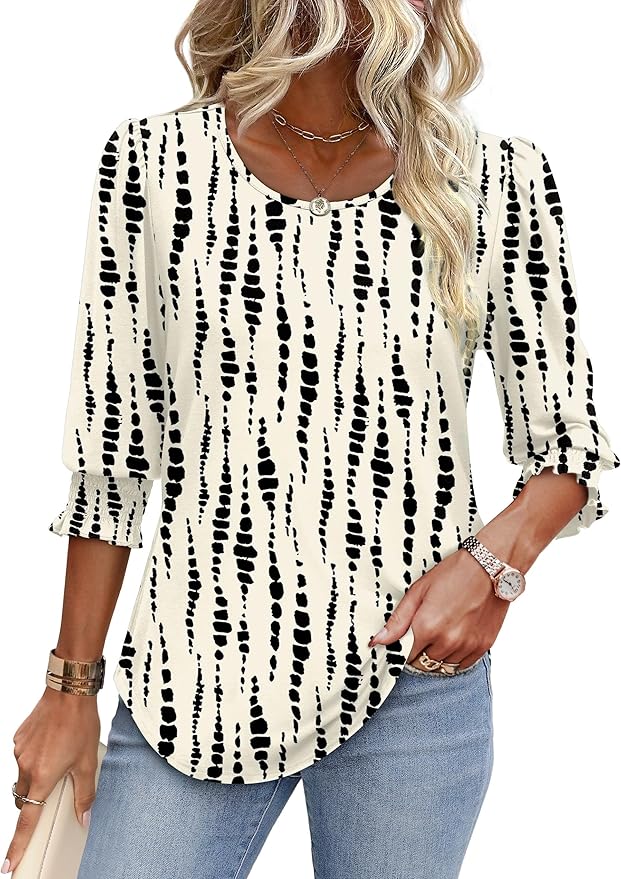 XIEERDUO Blouses for Women Dressy Casual 3/4 Length Sleeve Womens Tops with Smocked Cuffs