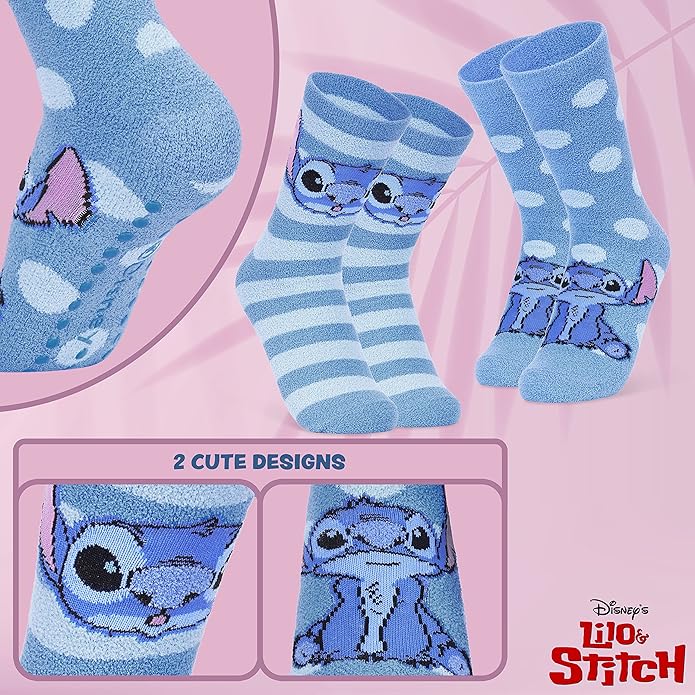 Disney Slippers Socks for Women & Teens US Size 4-9, Pack of 2 Non Slip Fleece Winter Socks, Soft & Fluffy, Gifts for Her