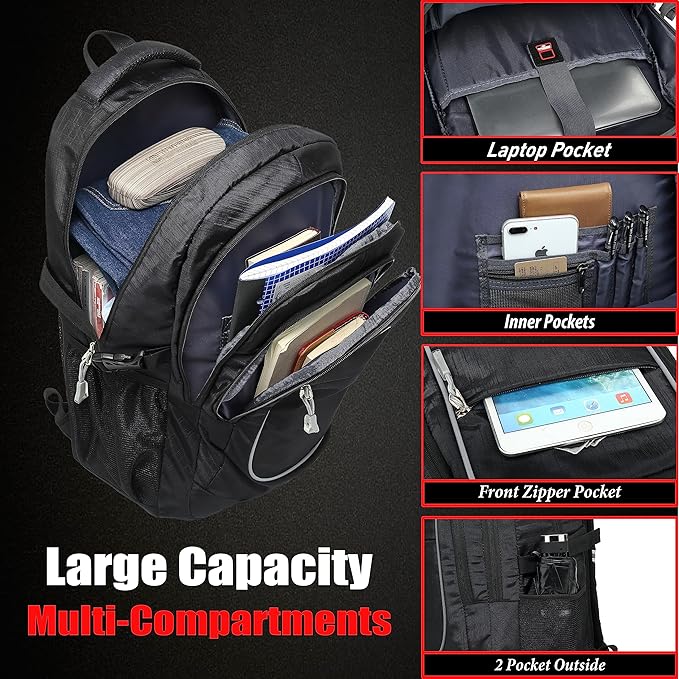 ProEtrade Backpack Bookbag for College Sturdy Travel Business Hiking Fit Laptop Up to 15.6 Inch Multi Compartment Gifts for Men Women Night Light Reflective (Black)