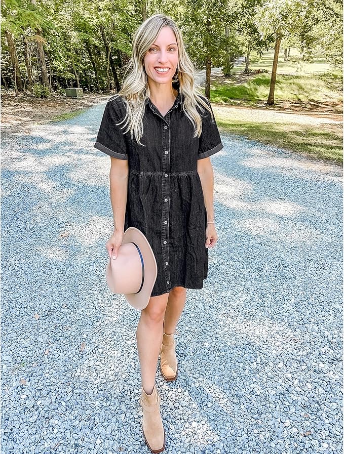 LookbookStore Women's Short Sleeve Button Down Flowy Tiered Babydoll Denim Dress