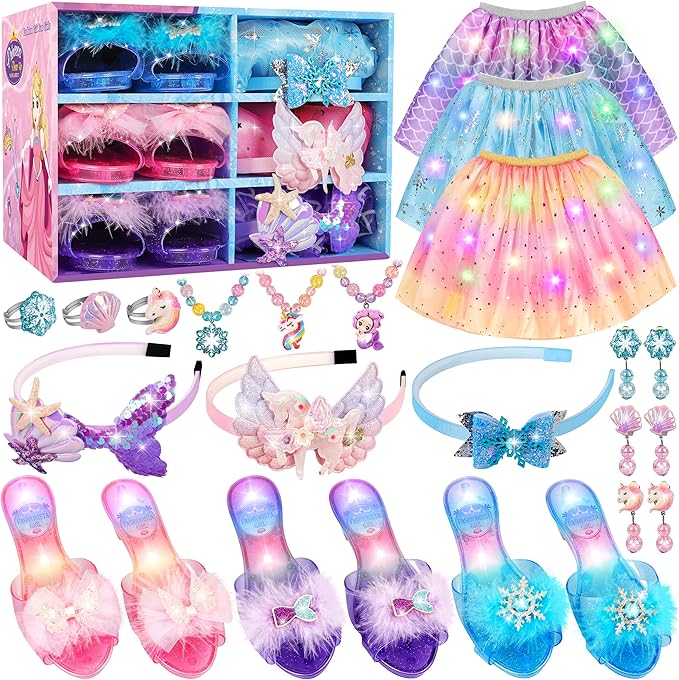 LJZJ Princess Dress Up for Girls, Toddler Toys for Ages 3-8, 3 PCS Light Up Toddler Dress Up Clothes with Accessories, Kids Toys for 3 4 5 6 7 8 years Girl Christmas Halloween Birthday Gift